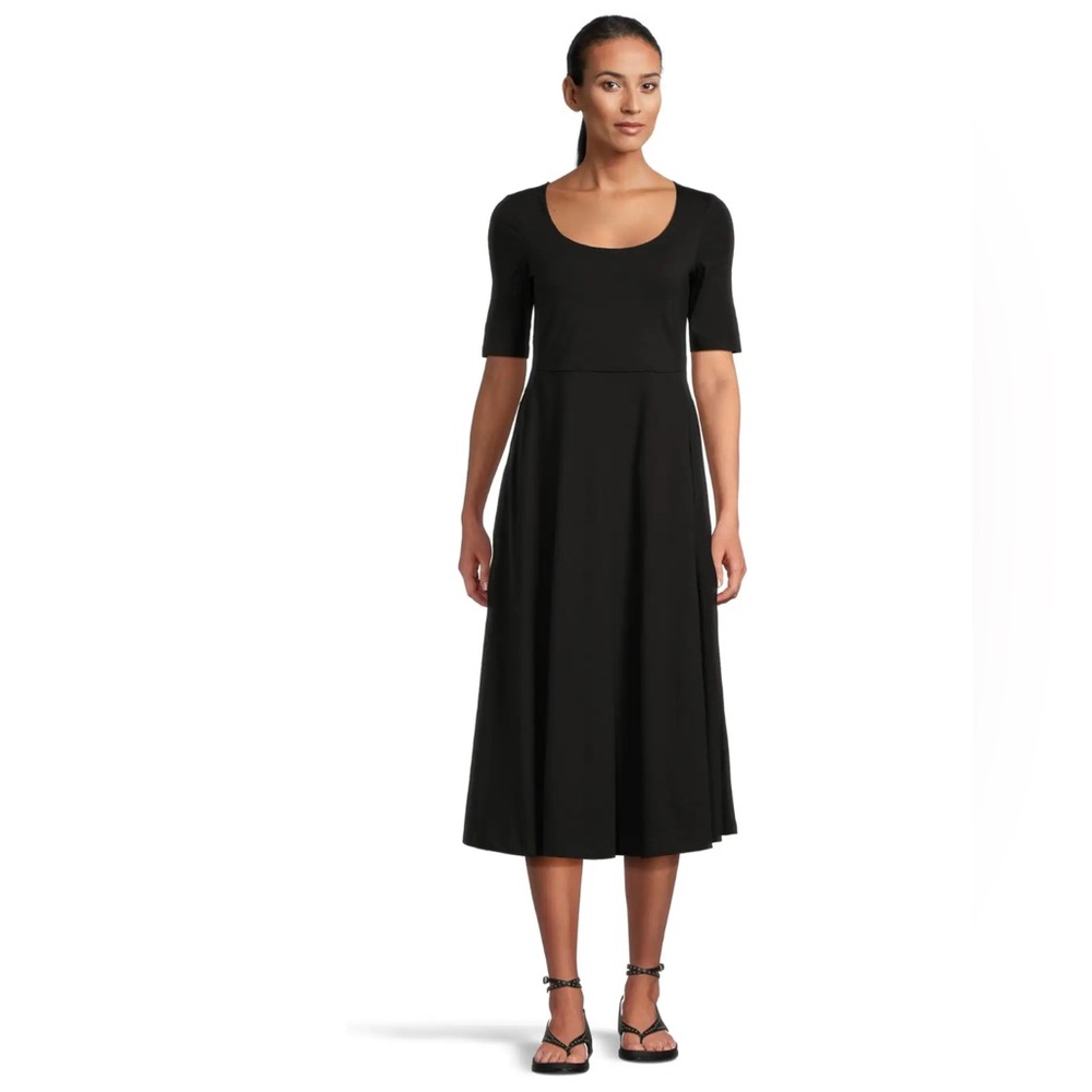 NEW Pact Organic Cotton Scoop Neck Stretch Fit and Flare Midi Dress Black Size L